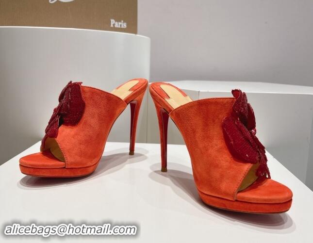 Top Grade Christian Louboutin Flower Crystals High Heel Slide Sandals 12cm in Suede Orange 328054