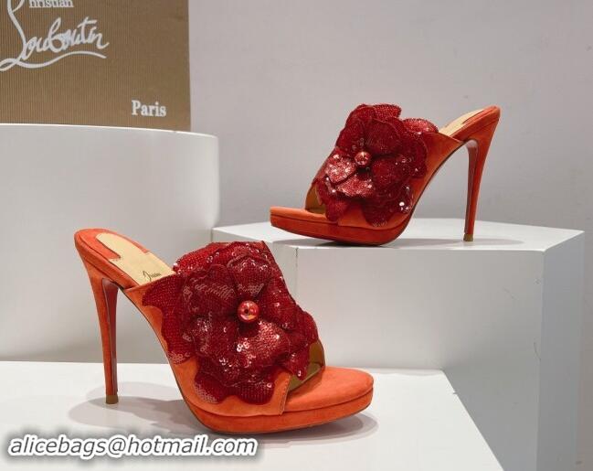 Top Grade Christian Louboutin Flower Crystals High Heel Slide Sandals 12cm in Suede Orange 328054