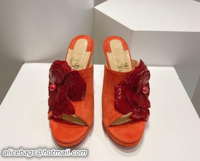 Top Grade Christian Louboutin Flower Crystals High Heel Slide Sandals 12cm in Suede Orange 328054