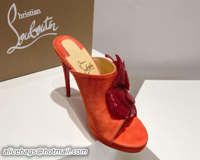 Top Grade Christian Louboutin Flower Crystals High Heel Slide Sandals 12cm in Suede Orange 328054