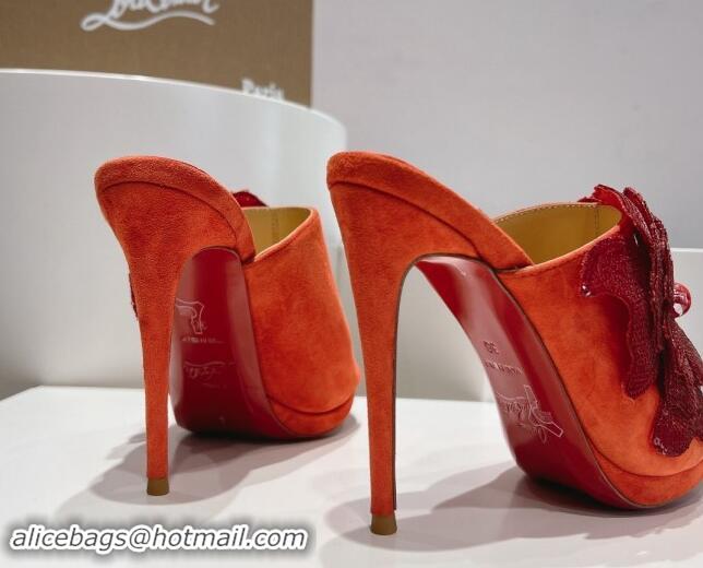 Top Grade Christian Louboutin Flower Crystals High Heel Slide Sandals 12cm in Suede Orange 328054