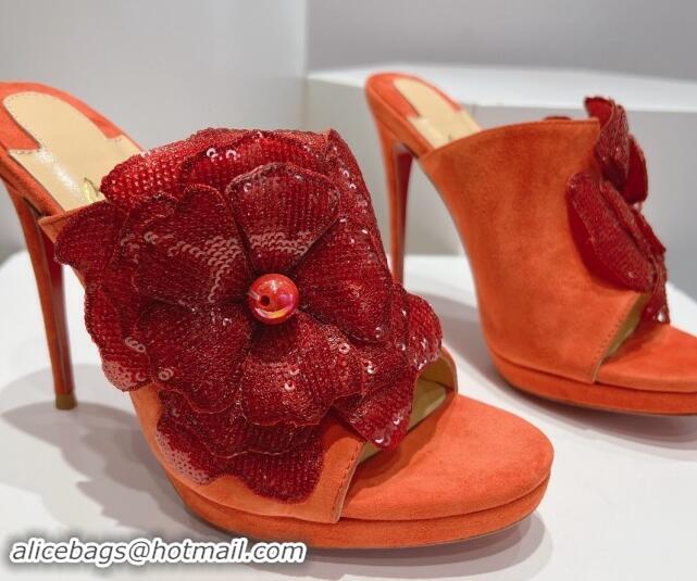 Top Grade Christian Louboutin Flower Crystals High Heel Slide Sandals 12cm in Suede Orange 328054