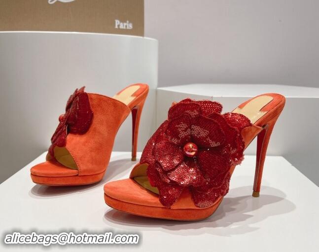 Top Grade Christian Louboutin Flower Crystals High Heel Slide Sandals 12cm in Suede Orange 328054