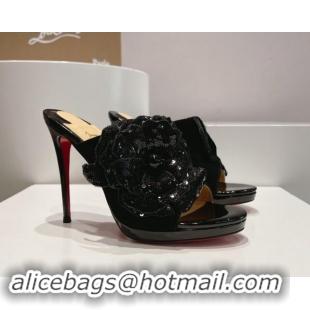 Grade Quality Christian Louboutin Flower Crystals High Heel Slide Sandals 12cm in Suede Black 328055