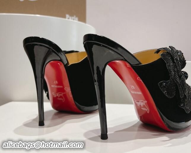 Grade Quality Christian Louboutin Flower Crystals High Heel Slide Sandals 12cm in Suede Black 328055