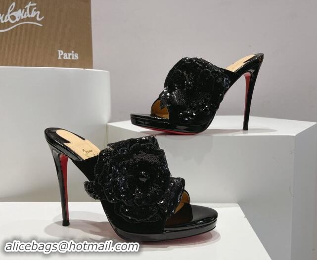 Grade Quality Christian Louboutin Flower Crystals High Heel Slide Sandals 12cm in Suede Black 328055