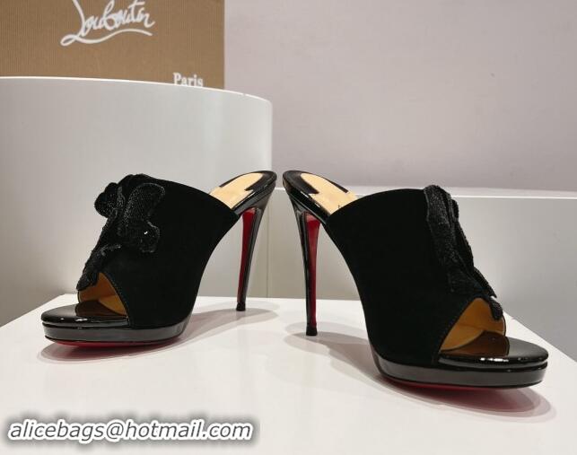 Grade Quality Christian Louboutin Flower Crystals High Heel Slide Sandals 12cm in Suede Black 328055