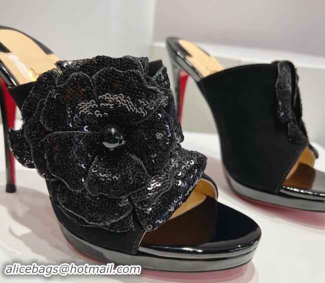 Grade Quality Christian Louboutin Flower Crystals High Heel Slide Sandals 12cm in Suede Black 328055