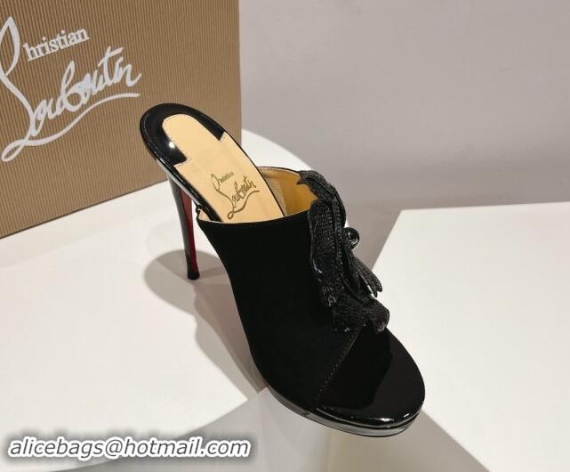 Grade Quality Christian Louboutin Flower Crystals High Heel Slide Sandals 12cm in Suede Black 328055