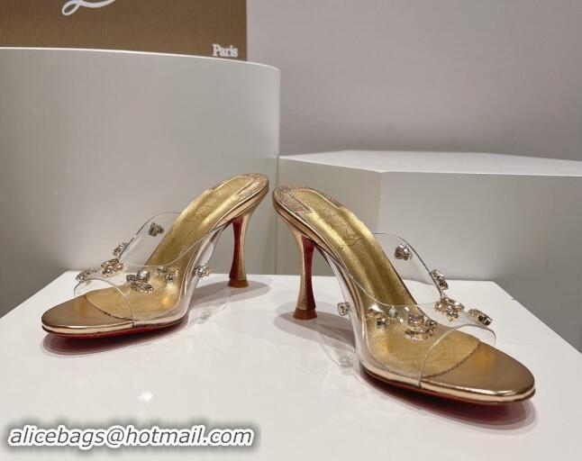 Good Looking Christian Louboutin Degraqueenie Heel Slide Sandals 8.5cm in PVC and Crystals Gold 328056