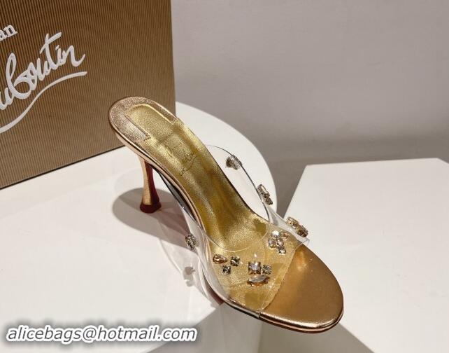 Good Looking Christian Louboutin Degraqueenie Heel Slide Sandals 8.5cm in PVC and Crystals Gold 328056