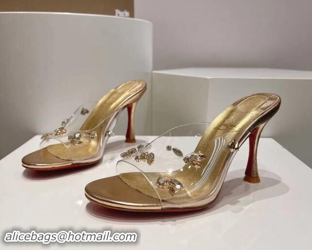 Good Looking Christian Louboutin Degraqueenie Heel Slide Sandals 8.5cm in PVC and Crystals Gold 328056