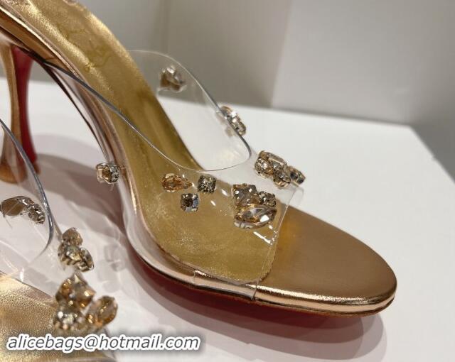 Good Looking Christian Louboutin Degraqueenie Heel Slide Sandals 8.5cm in PVC and Crystals Gold 328056