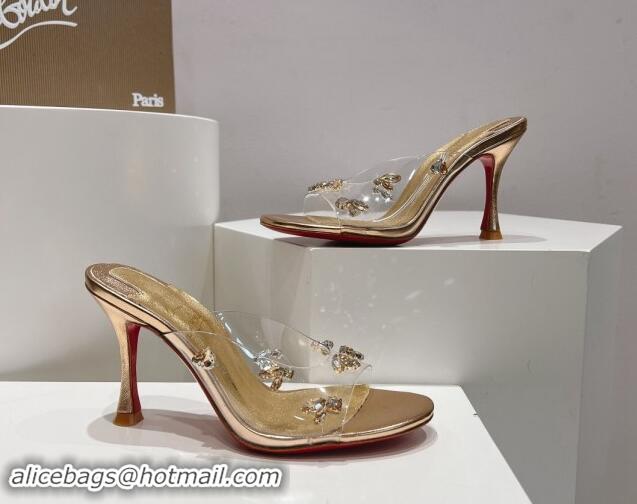 Good Looking Christian Louboutin Degraqueenie Heel Slide Sandals 8.5cm in PVC and Crystals Gold 328056