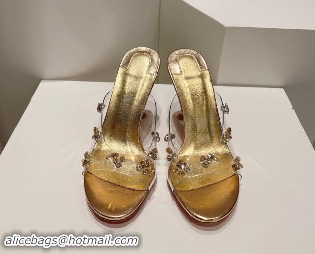 Good Looking Christian Louboutin Degraqueenie Heel Slide Sandals 8.5cm in PVC and Crystals Gold 328056