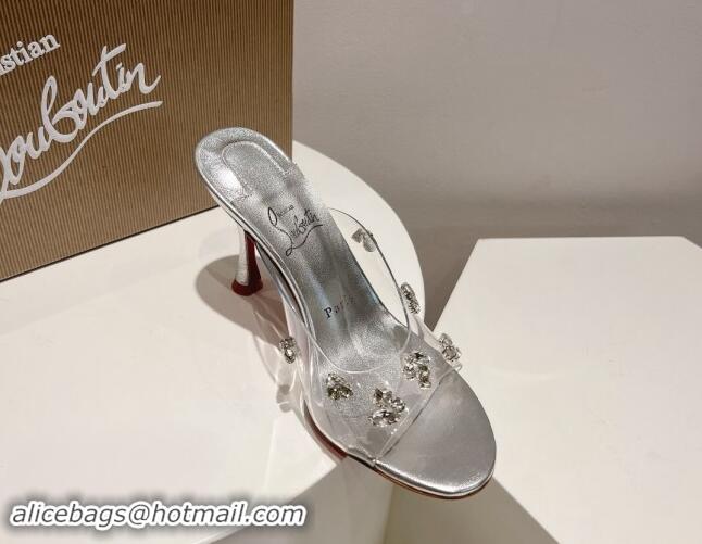 Good Quality Christian Louboutin Degraqueenie Heel Slide Sandals 8.5cm in PVC and Crystals Silver 328057