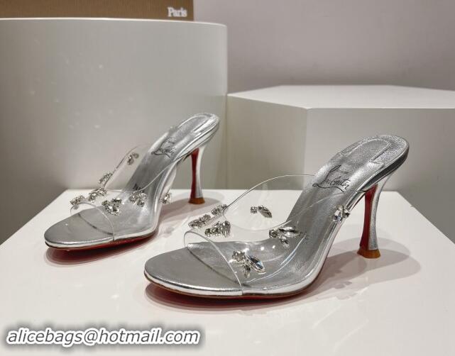 Good Quality Christian Louboutin Degraqueenie Heel Slide Sandals 8.5cm in PVC and Crystals Silver 328057