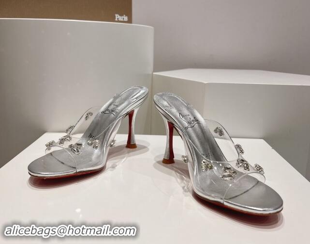 Good Quality Christian Louboutin Degraqueenie Heel Slide Sandals 8.5cm in PVC and Crystals Silver 328057