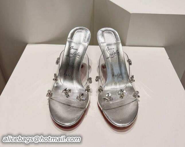 Good Quality Christian Louboutin Degraqueenie Heel Slide Sandals 8.5cm in PVC and Crystals Silver 328057