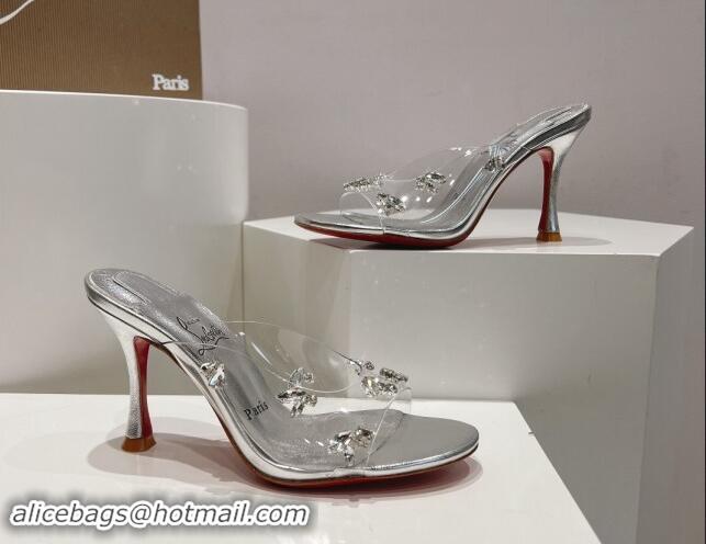 Good Quality Christian Louboutin Degraqueenie Heel Slide Sandals 8.5cm in PVC and Crystals Silver 328057