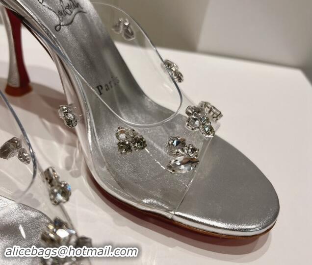 Good Quality Christian Louboutin Degraqueenie Heel Slide Sandals 8.5cm in PVC and Crystals Silver 328057