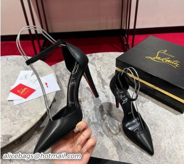 Unique Style Christian Louboutin Calfskin Strap Mary Janes Pointed Pumps 10cm Black 506012