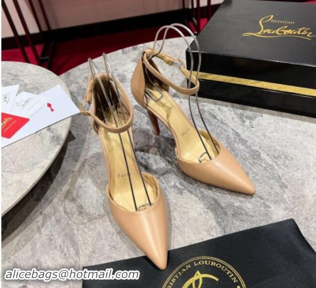 Good Looking Christian Louboutin Calfskin Strap Mary Janes Pointed Pumps 10cm Beige 506013