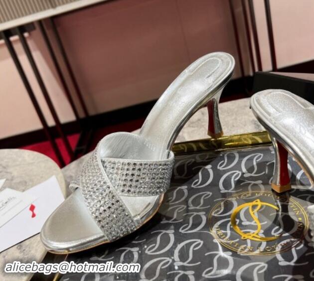 Luxury Cheap Christian Louboutin Mariza Is Back Strass Heel Slide Sandals 8.5cm Silver 506015