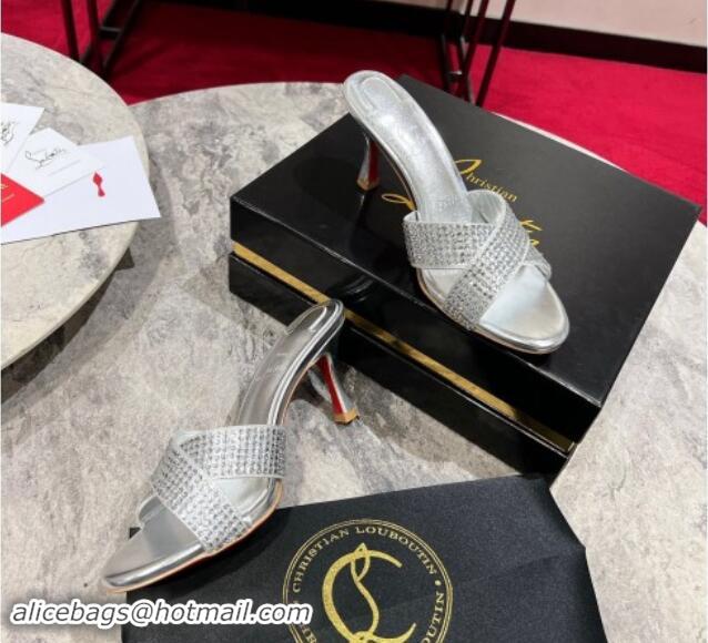 Luxury Cheap Christian Louboutin Mariza Is Back Strass Heel Slide Sandals 8.5cm Silver 506015