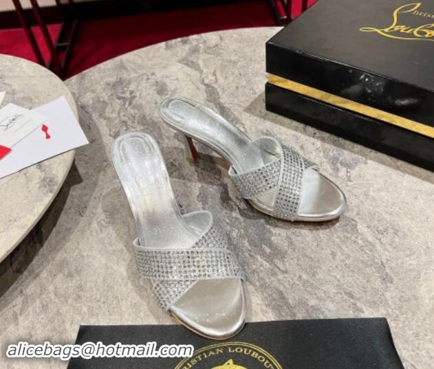 Luxury Cheap Christian Louboutin Mariza Is Back Strass Heel Slide Sandals 8.5cm Silver 506015