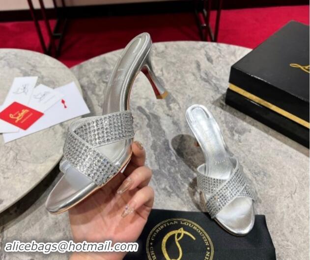 Luxury Cheap Christian Louboutin Mariza Is Back Strass Heel Slide Sandals 8.5cm Silver 506015