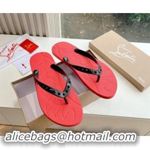 Best Grade Christian Louboutin Men's Rubber Flat Thong Slide Sandal Black/Red 612134