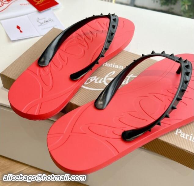 Best Grade Christian Louboutin Men's Rubber Flat Thong Slide Sandal Black/Red 612134