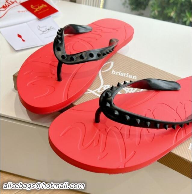 Best Grade Christian Louboutin Men's Rubber Flat Thong Slide Sandal Black/Red 612134