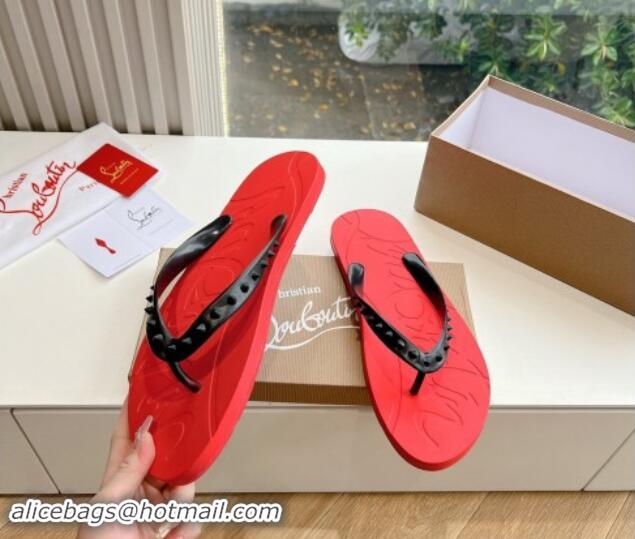 Best Grade Christian Louboutin Men's Rubber Flat Thong Slide Sandal Black/Red 612134