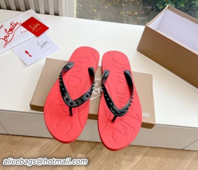 Best Grade Christian Louboutin Men's Rubber Flat Thong Slide Sandal Black/Red 612134