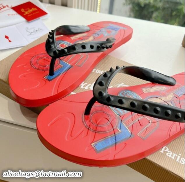 Hot Style Christian Louboutin Men's Rubber Flat Thong Slide Sandal Red/Print 612138