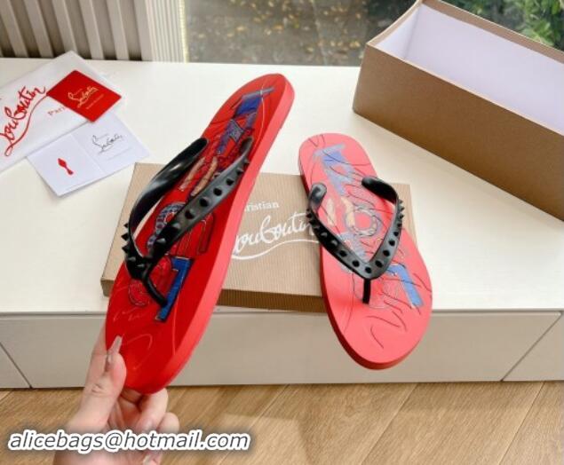 Hot Style Christian Louboutin Men's Rubber Flat Thong Slide Sandal Red/Print 612138