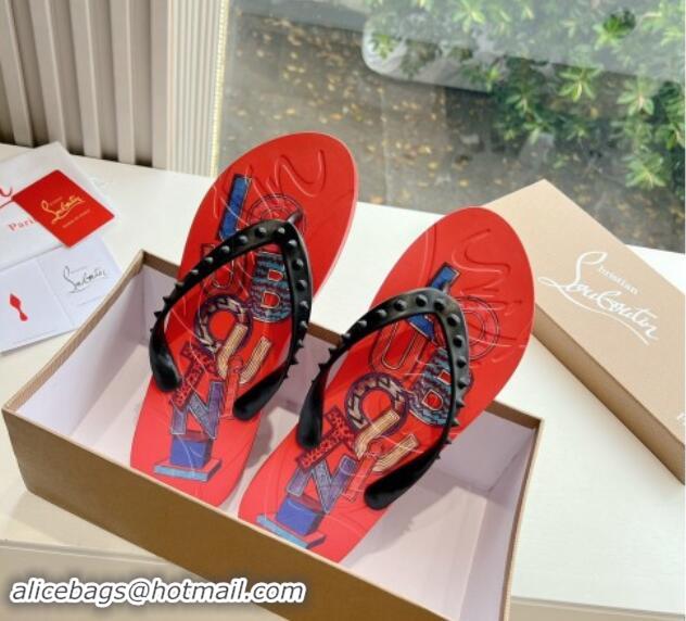 Hot Style Christian Louboutin Men's Rubber Flat Thong Slide Sandal Red/Print 612138