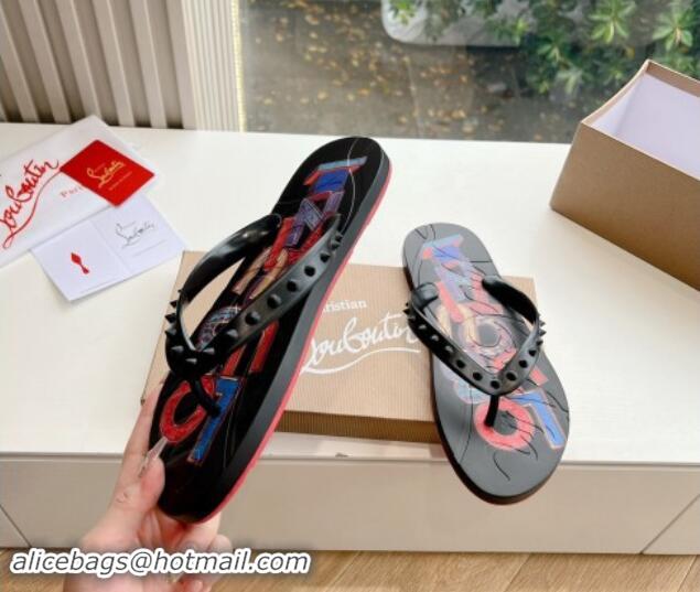 Low Cost Christian Louboutin Men's Rubber Flat Thong Slide Sandal Black/Print 612139