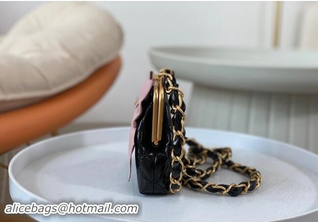 Pretty Style Chanel Shiny Lambskin Clutch with Chain and Maxi Bow AP4028 Black/Pink 2024