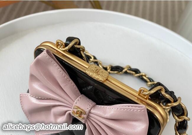 Pretty Style Chanel Shiny Lambskin Clutch with Chain and Maxi Bow AP4028 Black/Pink 2024