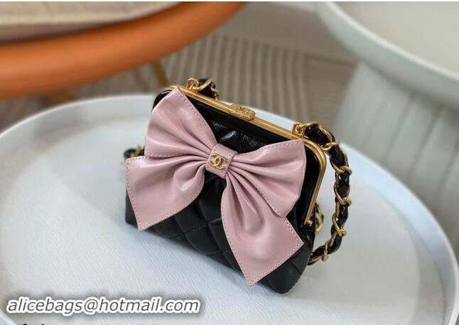 Pretty Style Chanel Shiny Lambskin Clutch with Chain and Maxi Bow AP4028 Black/Pink 2024