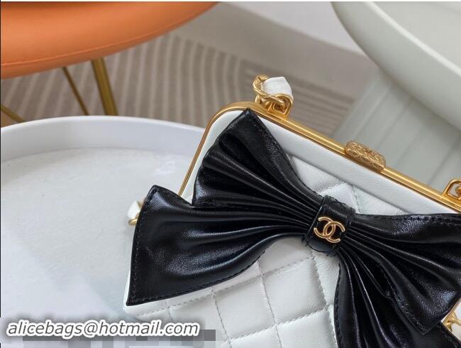 Promotional Chanel Shiny Lambskin Clutch with Chain and Maxi Bow AP4028 White/Black 2024