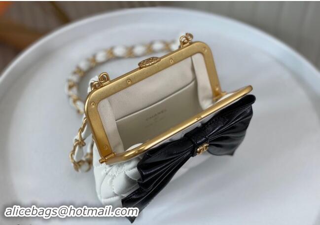 Promotional Chanel Shiny Lambskin Clutch with Chain and Maxi Bow AP4028 White/Black 2024