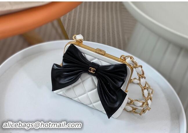 Promotional Chanel Shiny Lambskin Clutch with Chain and Maxi Bow AP4028 White/Black 2024