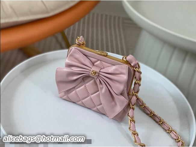 Buy Cheap Chanel Shiny Lambskin Clutch with Chain and Maxi Bow AP4028 Light Pink 2024