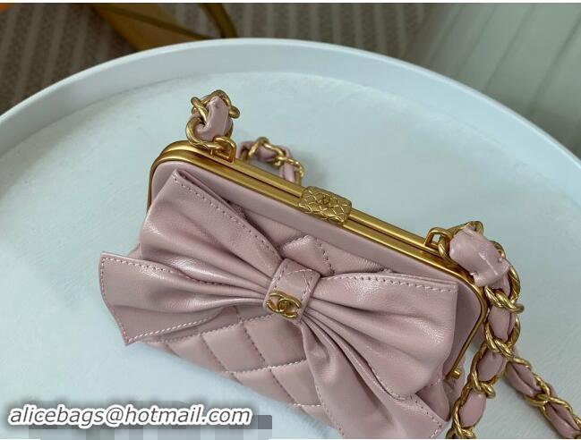 Buy Cheap Chanel Shiny Lambskin Clutch with Chain and Maxi Bow AP4028 Light Pink 2024