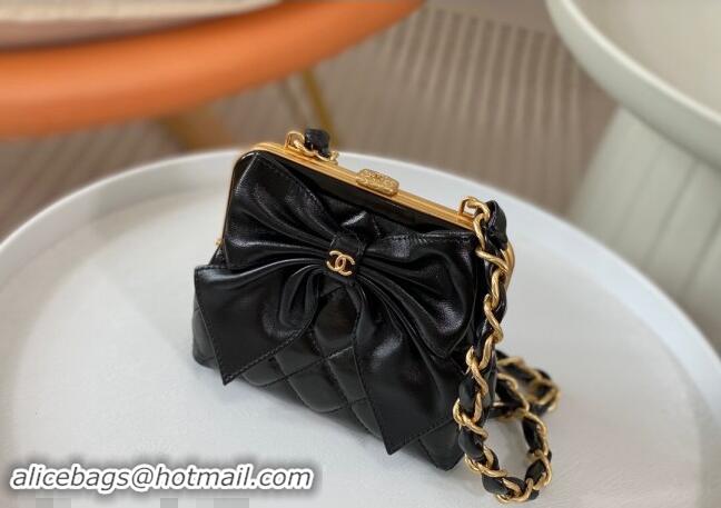 Traditional Specials Chanel Shiny Lambskin Clutch with Chain and Maxi Bow AP4028 Black 2024