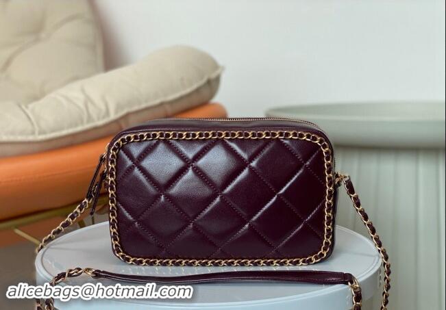 Top Grade Chanel Shiny Calfskin Small Camera Case Bag with Chain AS5086 Dark Burgundy 2024 TOP